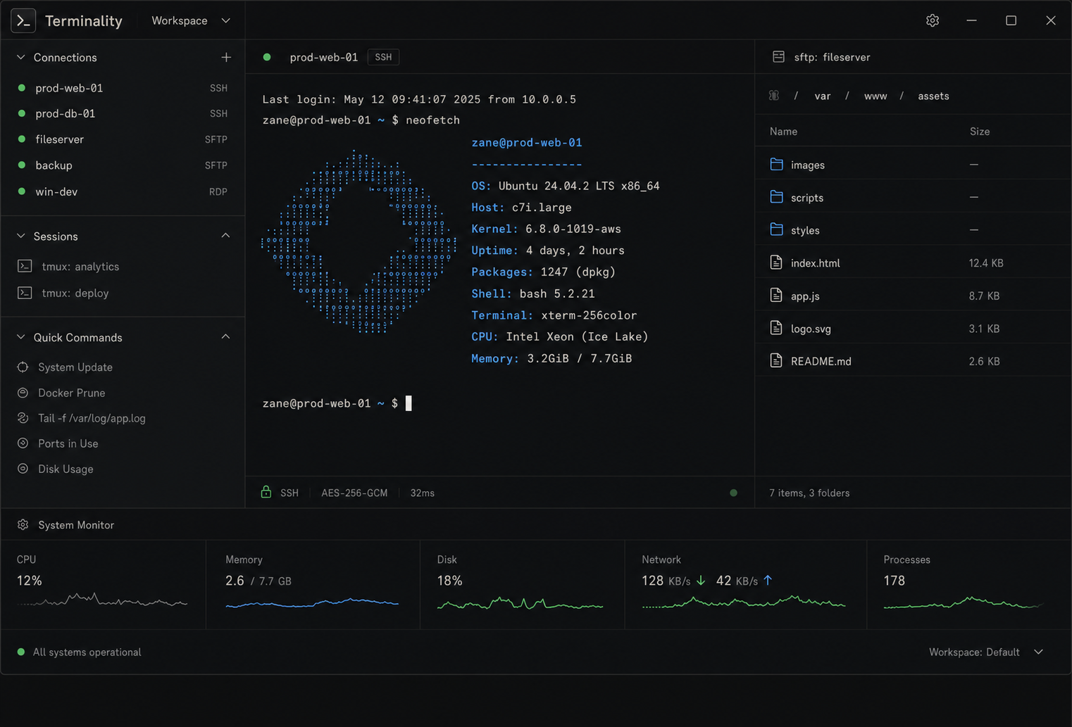Terminality desktop client with terminal, remote files, and system monitoring